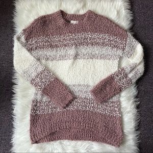 SO sweater pink white plush sherpa teddy bear cozy comfortable blush crewneck